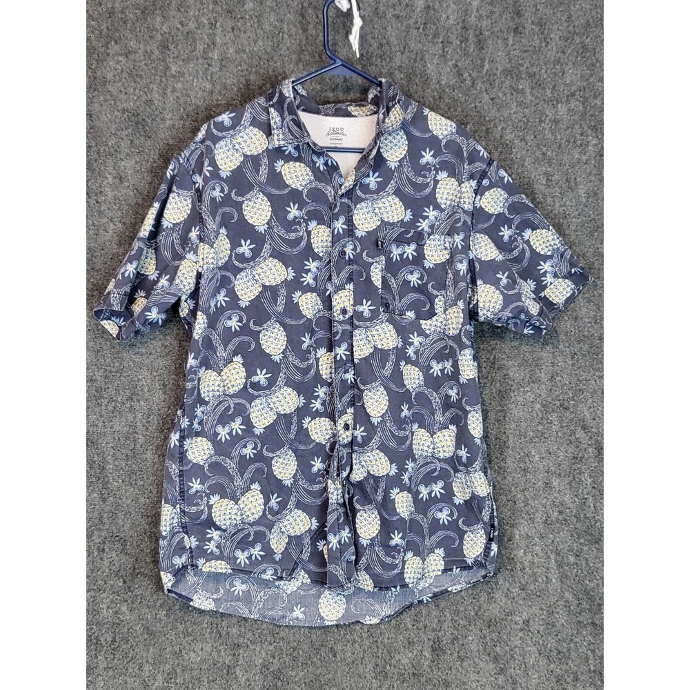 IZOD Saltwater Shirt Mens XL Blue Pineapple Print Short Sleeve‎ Button Up Casual